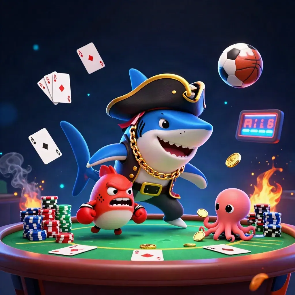 Cartoon pirate shark, pufferfish, and octopus amid casino chips, cards, balls, and neon sparks.
