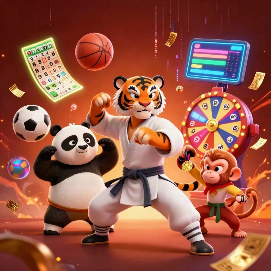 Kung-fu tiger, panda and monkey amid casino props, balls, wheel and neon energy.