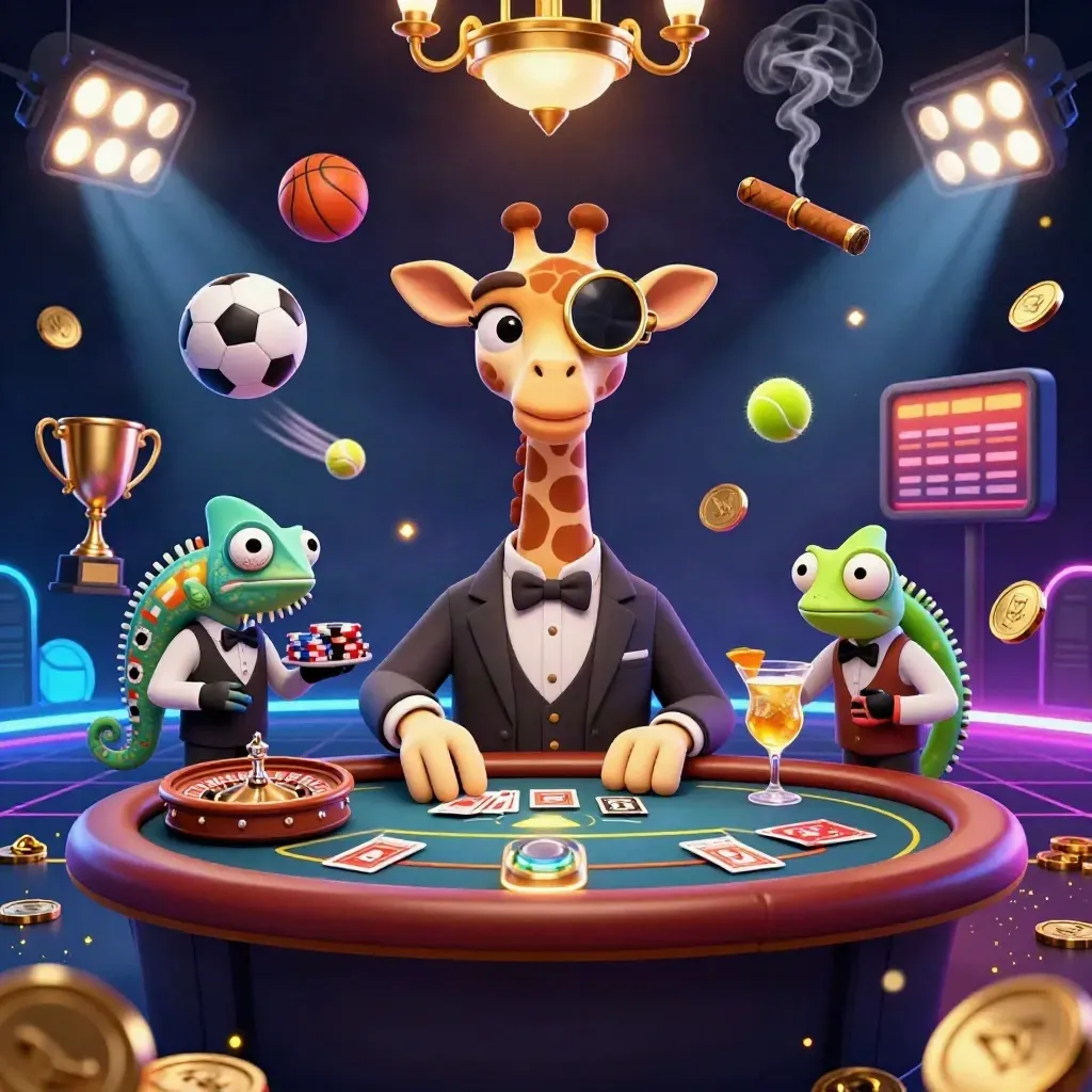 Giraffe, monkey, and chameleon in a luxe casino scene with coins, balls, trophy, and glowing lights.