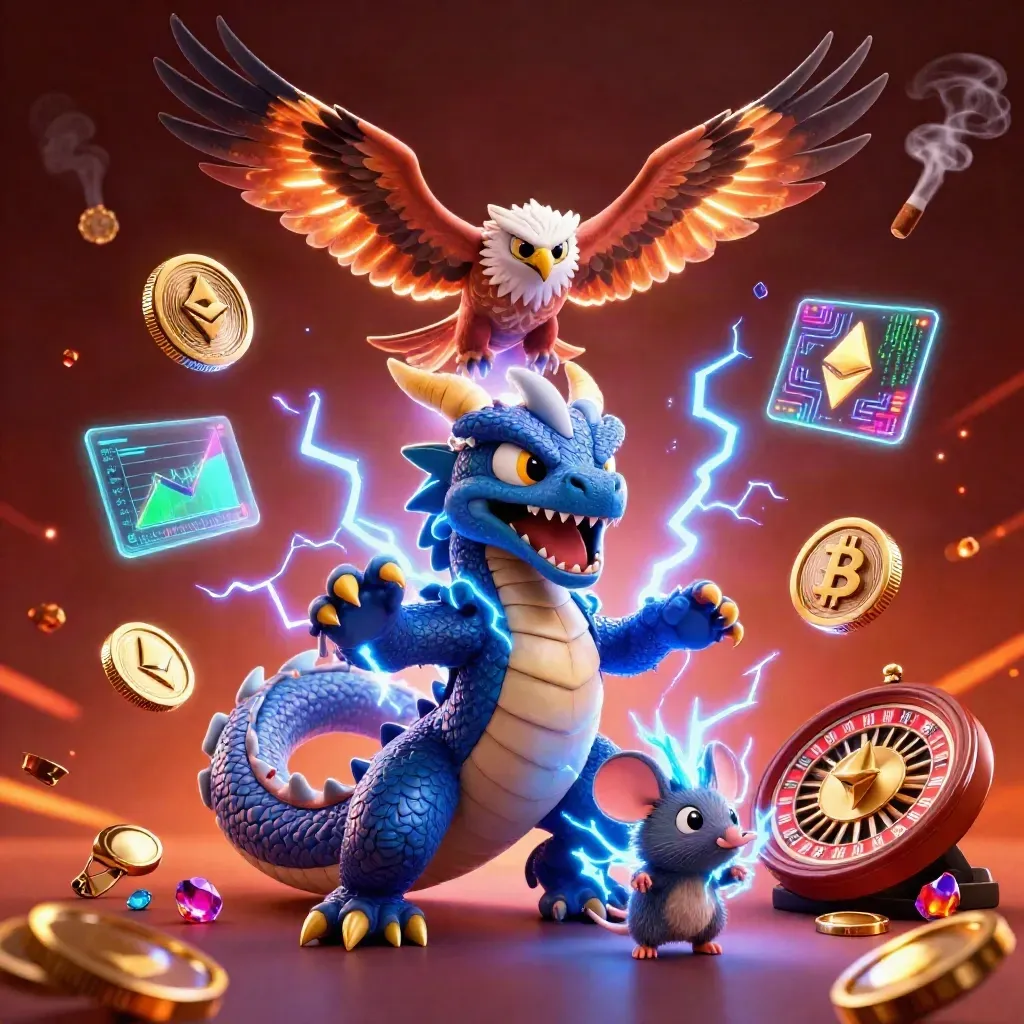 Thunder dragon, wind hawk, and static mouse in a luxe casino scene with lightning and glowing coins.