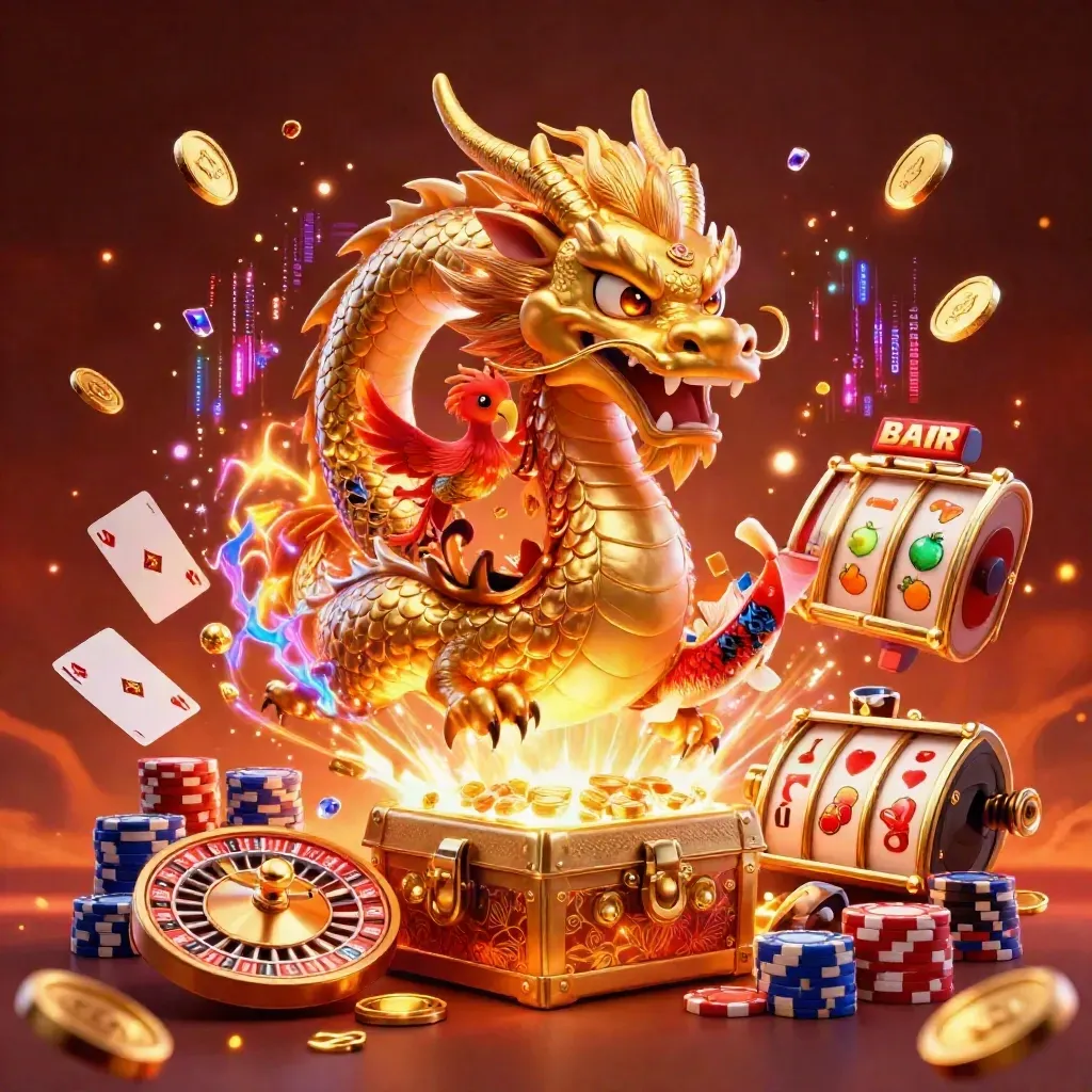 Golden dragon with phoenix and koi amid coins, cards, chips, roulette glow
