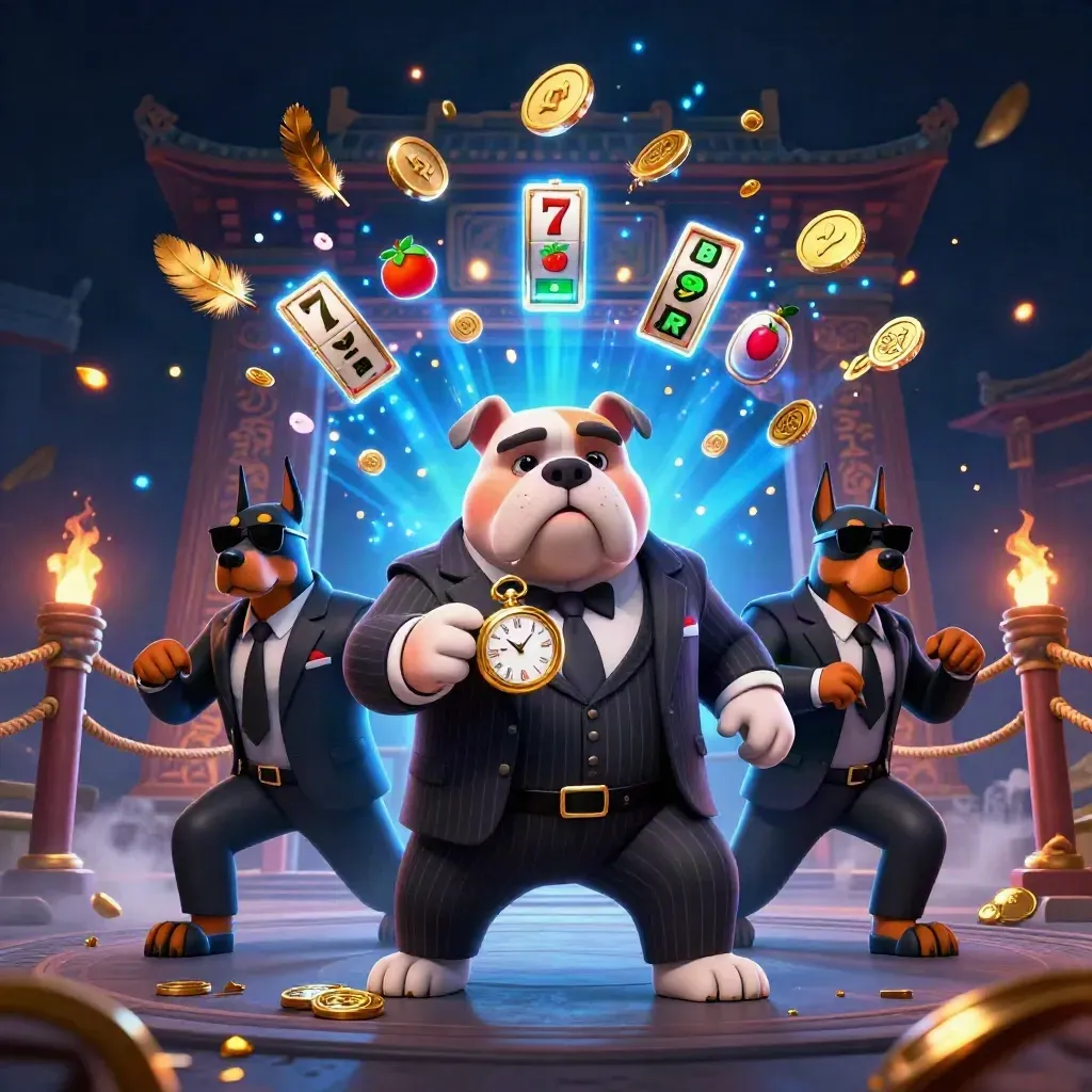 Bulldog boss with two Dobermans in a glowing casino-temple action scene, coins and reels bursting.
