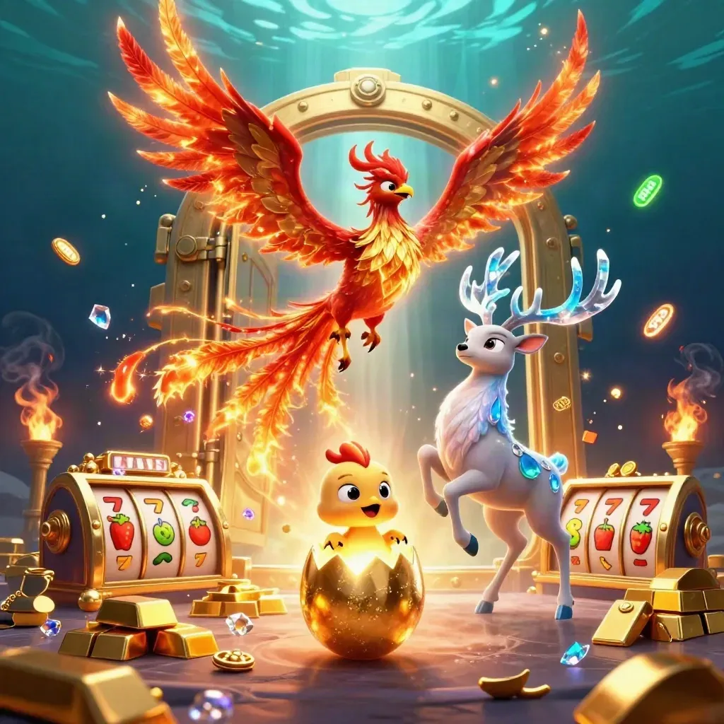 Phoenix, hatching chick, and crystal stag explode from a glowing treasure vault with gems and gold.