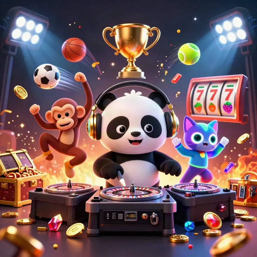 DJ panda, dancing monkey and rave kitten blast coins, sports balls and neon casino energy