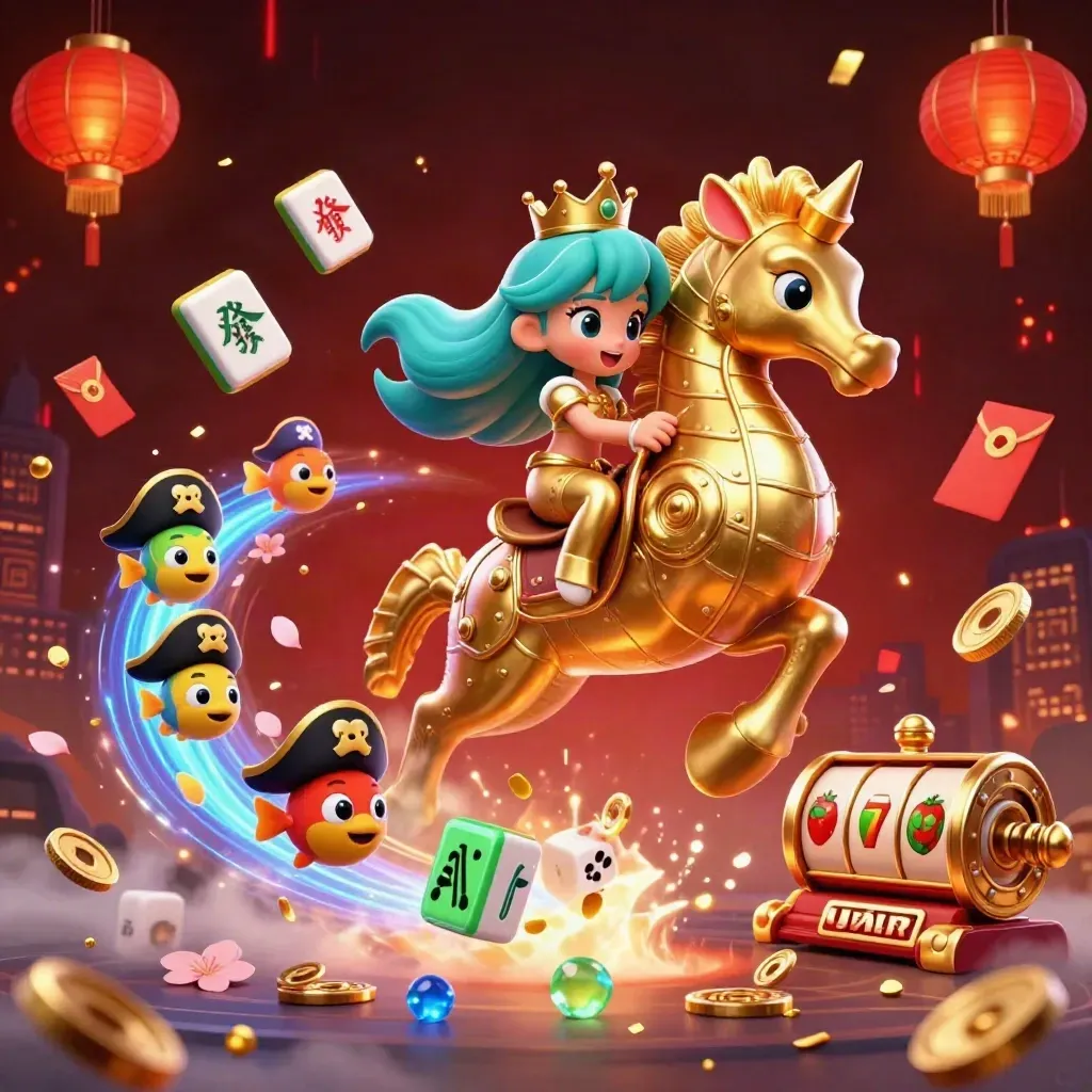 Mermaid princess rides a gold seahorse amid casino treasures, lanterns, coins, and fish