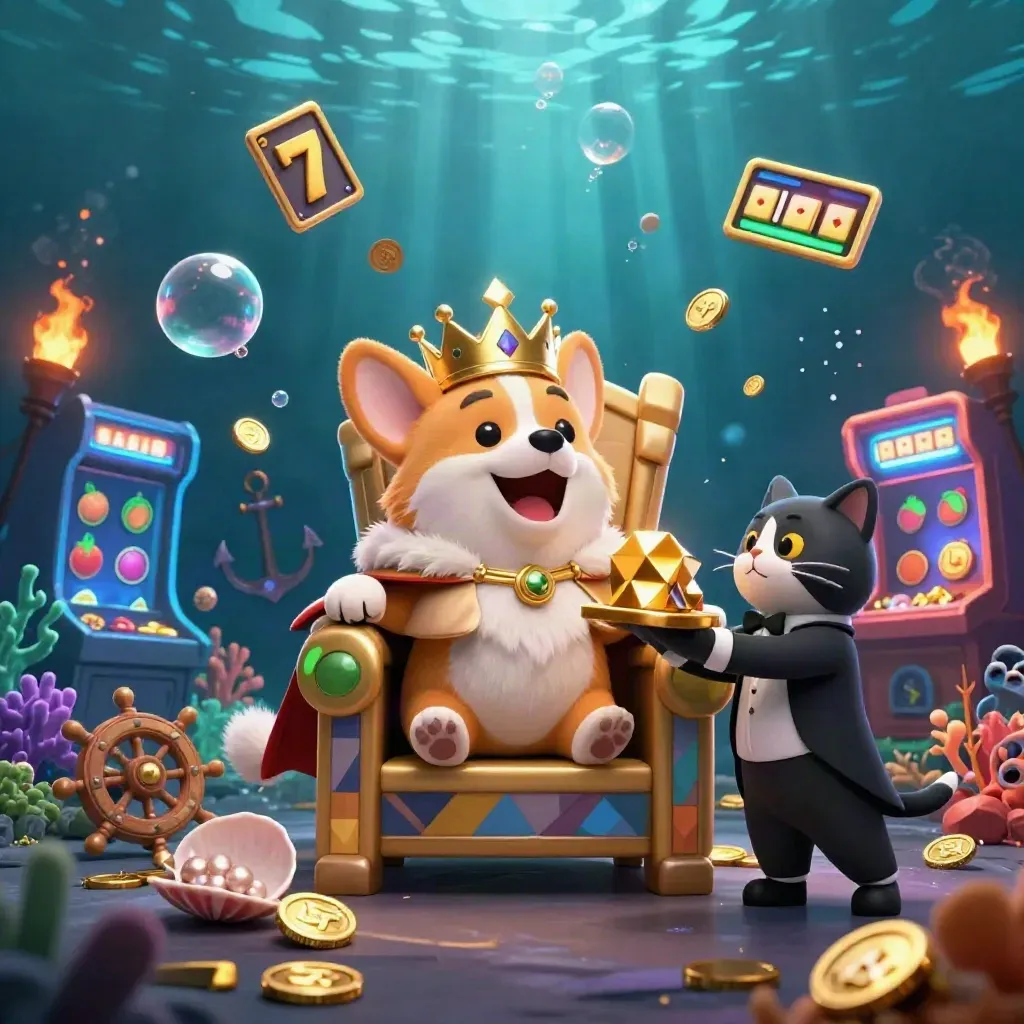 Royal corgi king and cat butler amid underwater treasure, coins, cards, coral, and glowing game symbols.