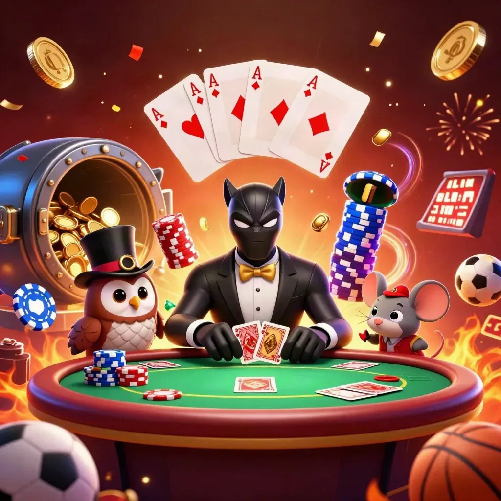 Panther dealer, owl and mouse amid casino chips, bursting vault, coins, fireworks