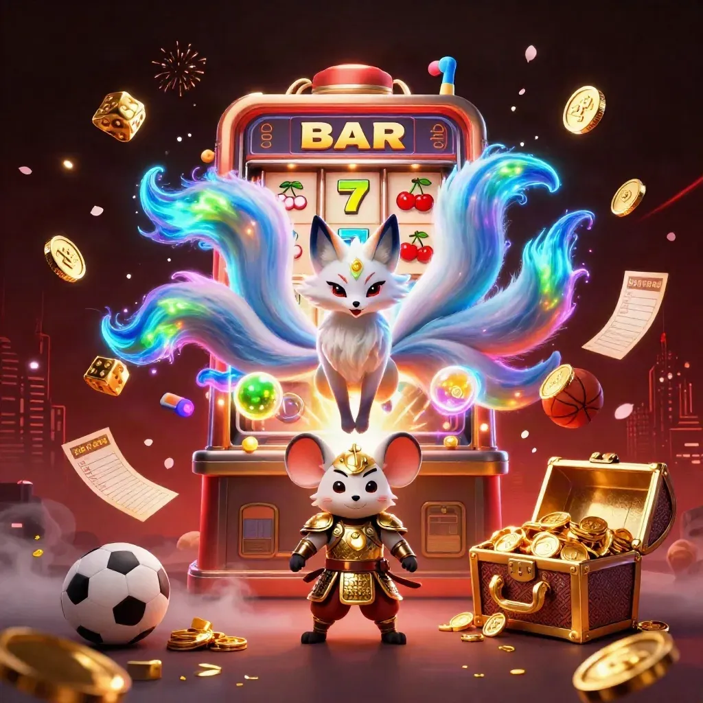 Fox spirit, mouse knight, exploding slot machine, treasure, sports items, and fireworks in a neon casino burst