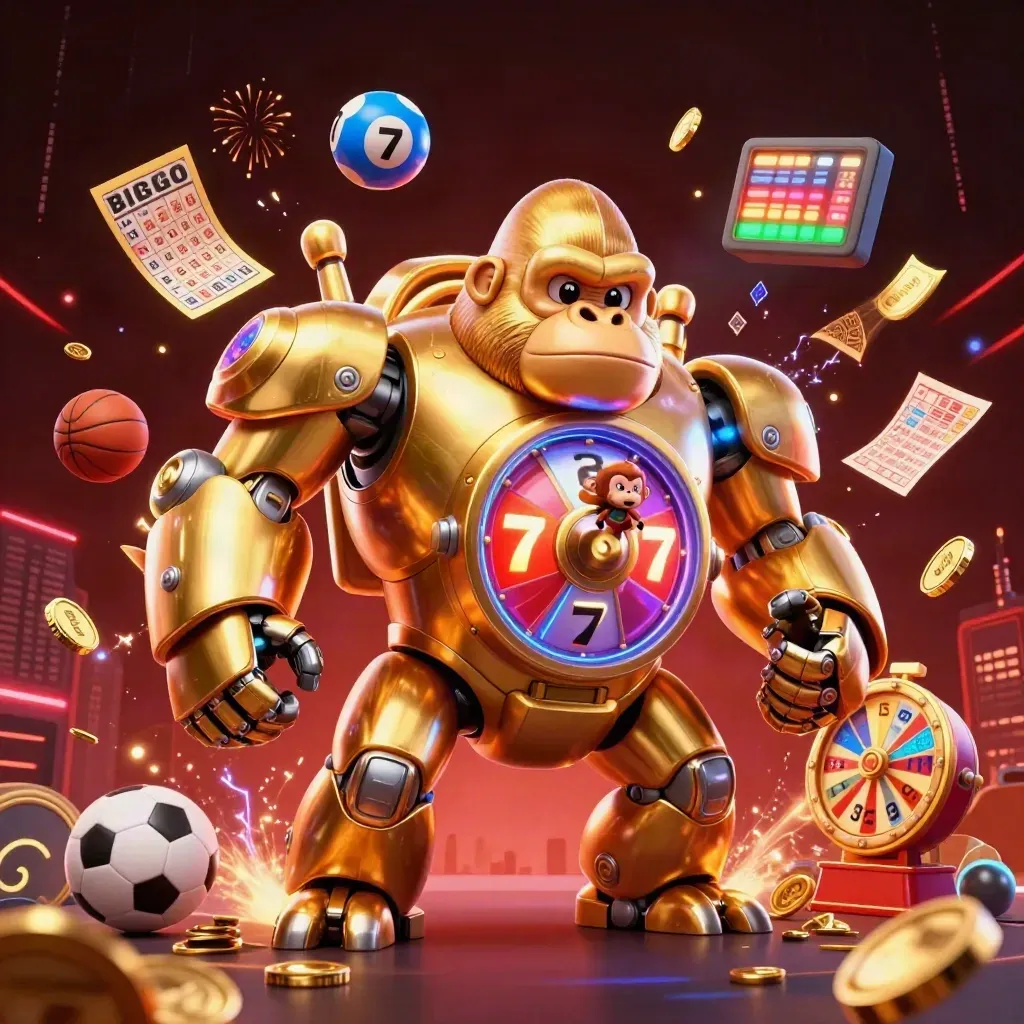 Golden gorilla mech with monkey pilot, casino prizes, balls, coins, fireworks in neon dark.