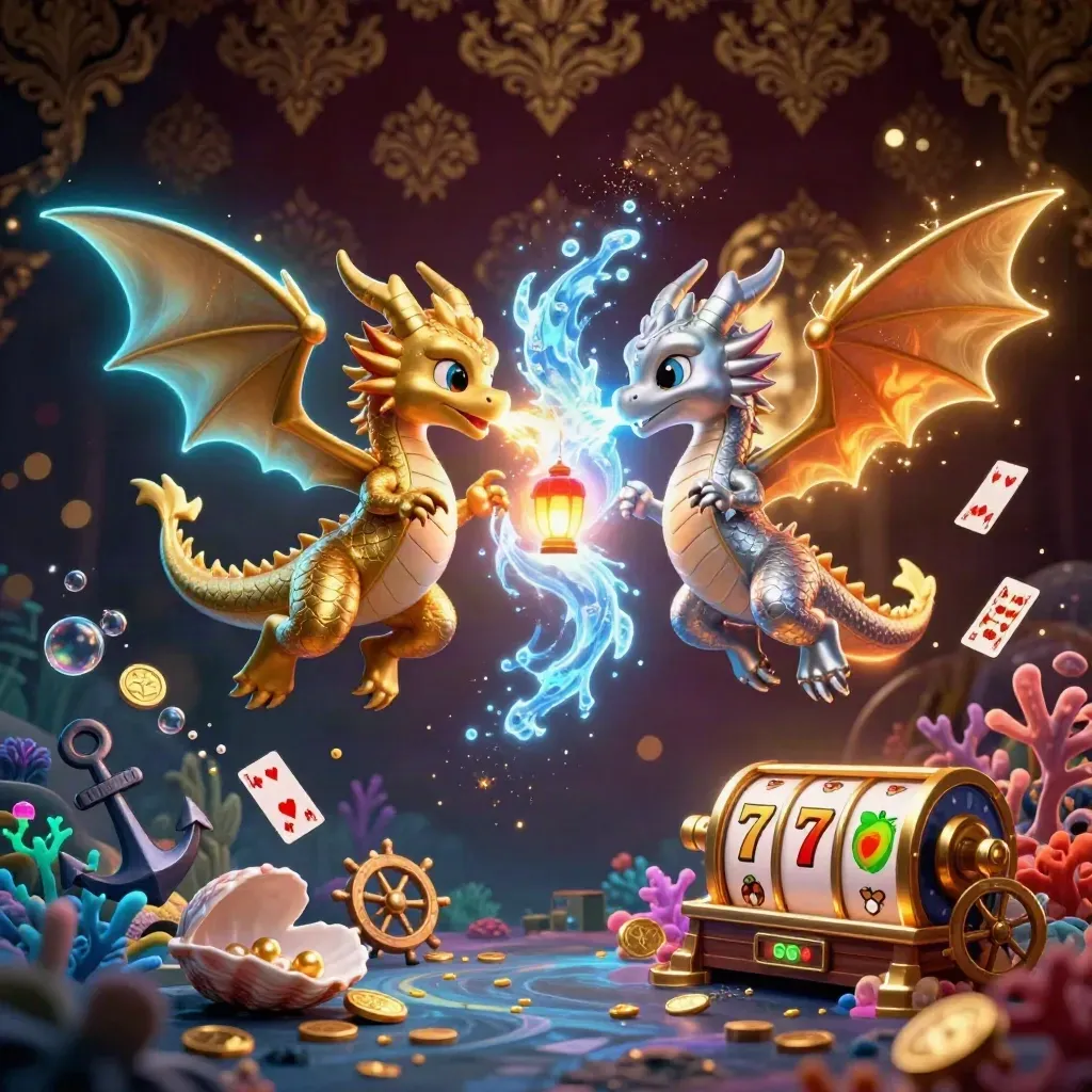 Gold and silver dragons whirl in a casino treasure cove with glowing effects.