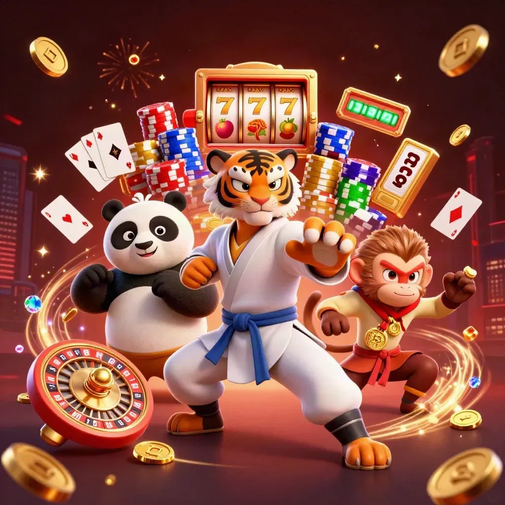 Tiger, panda, and monkey kung-fu casino heroes amid coins, cards, chips, and neon effects.